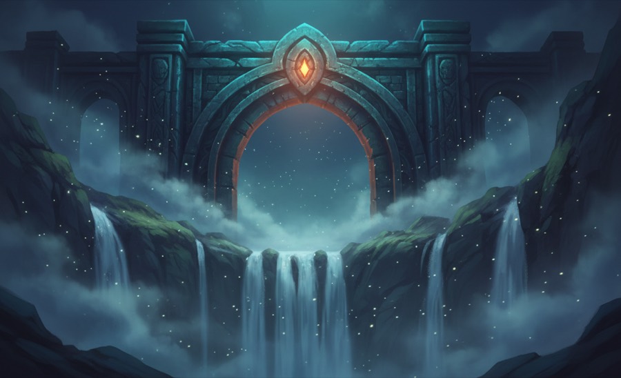 A glowing stone archway above a waterfall in a fantasy game scene