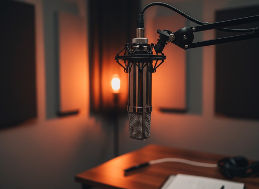 A condenser microphone on a boom arm in a warmly lit booth